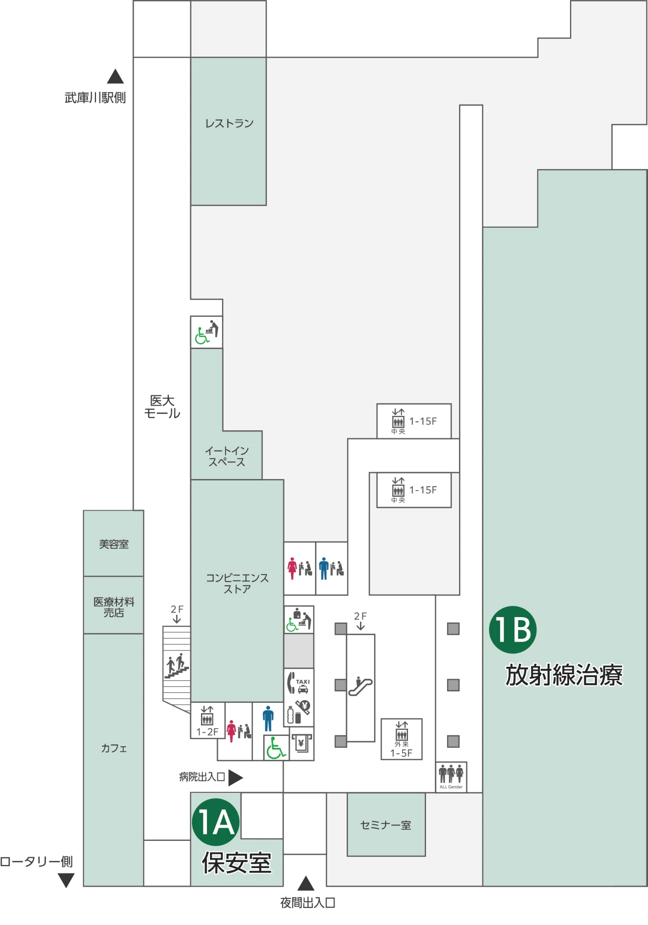 1階のフロアマップ。保安室、放射線治療、美容室、医療材料売店、カフェ、コンビニエンスストア、セミナー室などがあります。