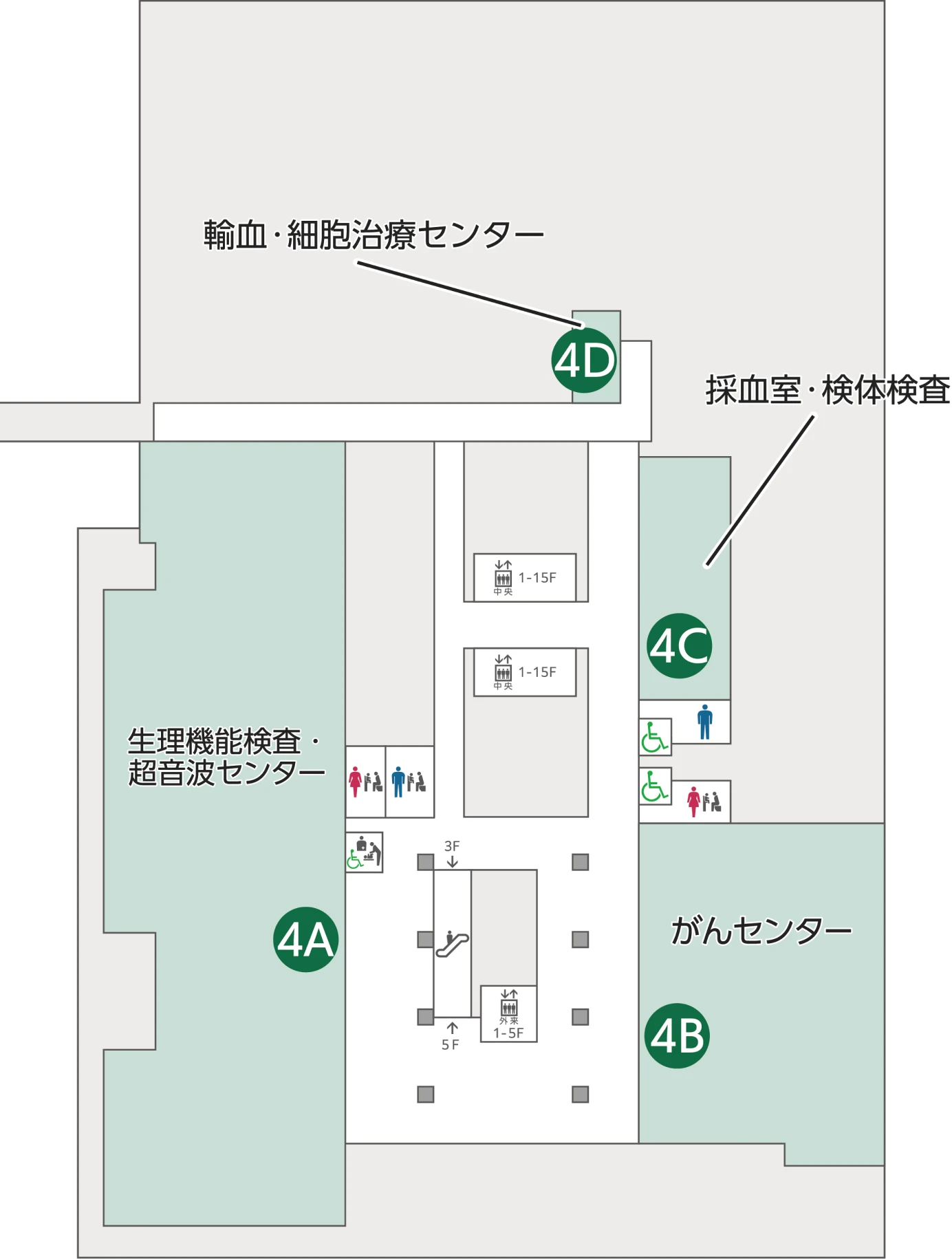 4階のフロアマップ。輸血・細胞治療センター、採血室・検体検査、生理機能検査・超音波センター、がんセンターなどがあります。
