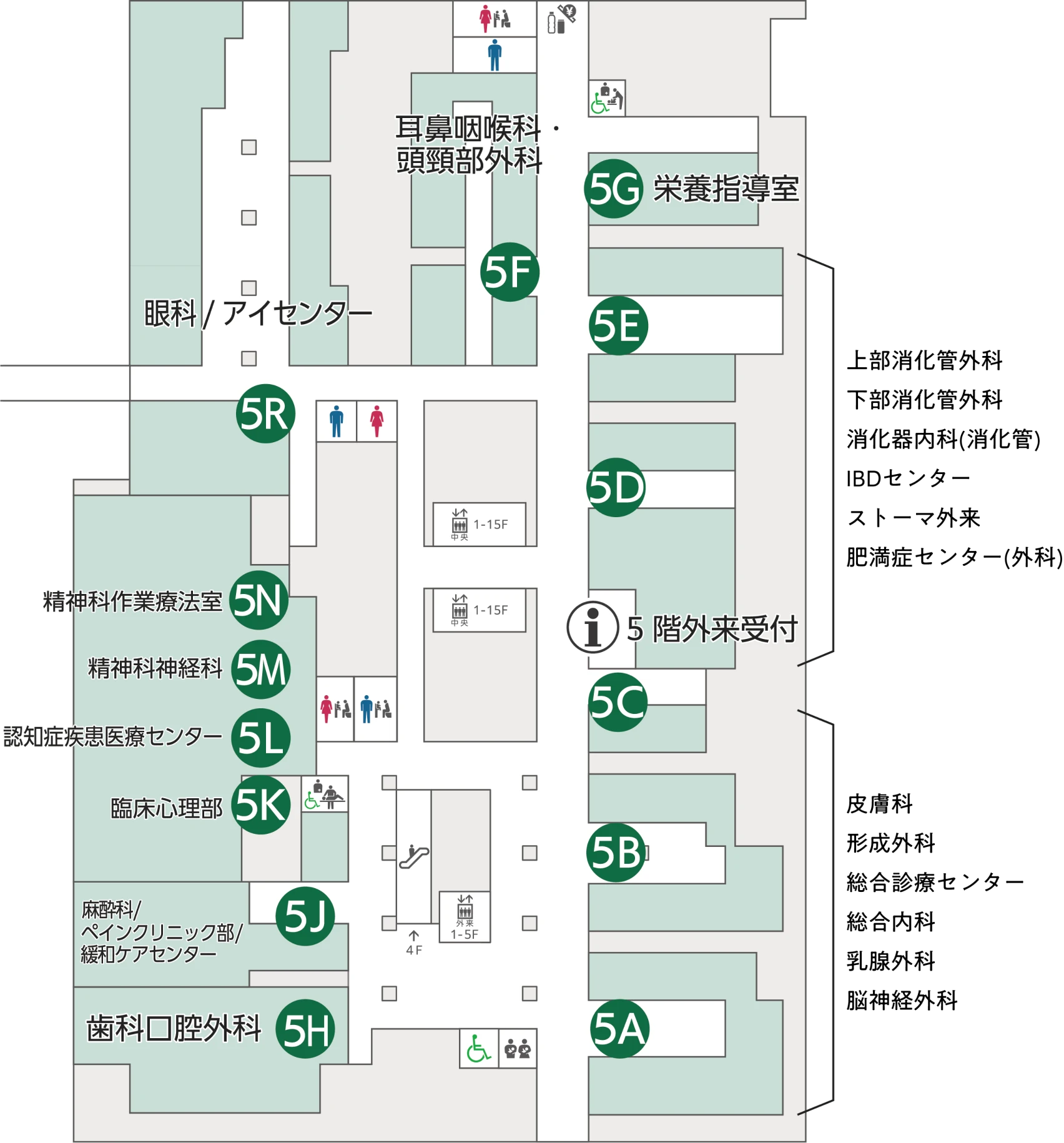 5階のフロアマップ。耳鼻咽喉科・頭頸部外科、栄養指導室、眼科／アイセンター、歯科口腔外科、皮膚科、5階外来受付などがあります。