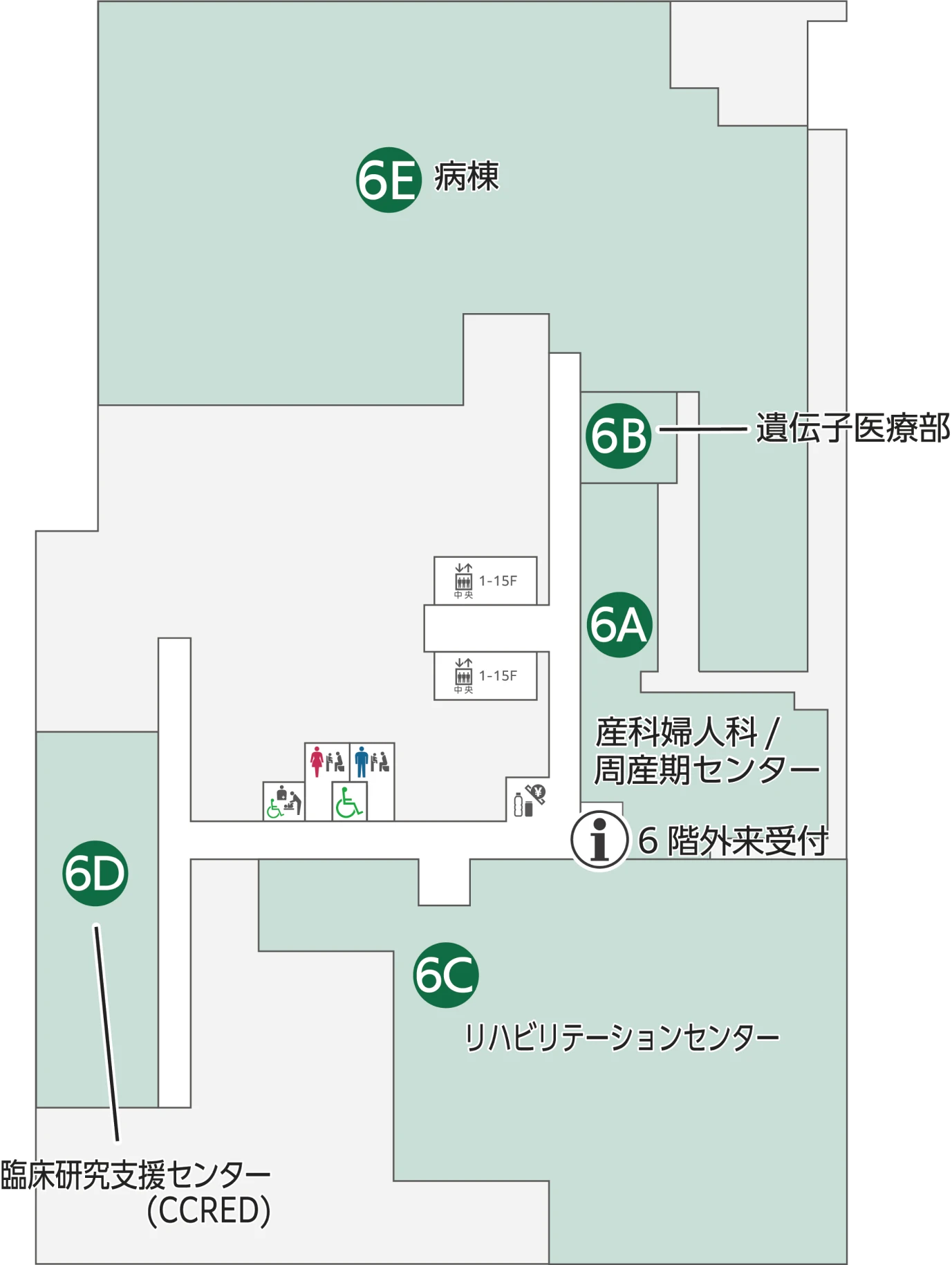 6階のフロアマップ。病棟、臨床研究支援センター、遺伝子医療部、産科婦人科／周産期センター、リハビリテーションセンター、6階外来受付などがあります。